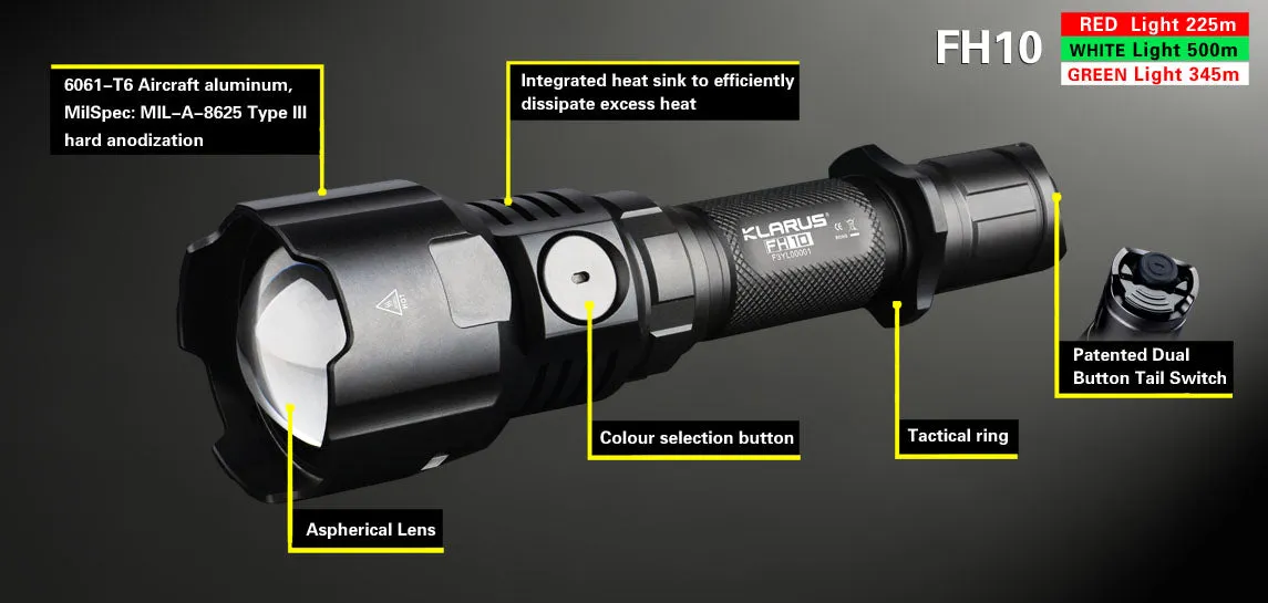 Klarus FH10 1x 18650 / 2x CR123A 700 Lumens CREE XP-L HI V3 LED Flashlight
