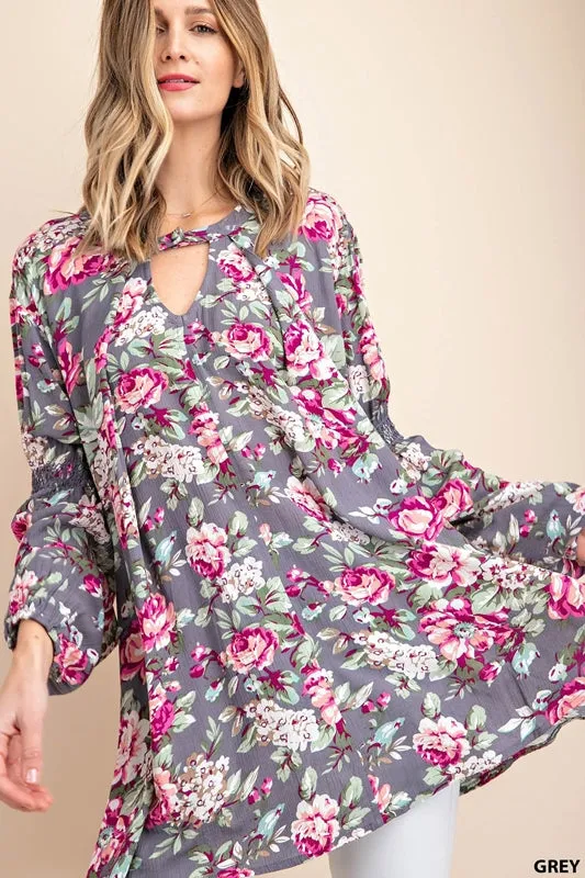 Kori Boho Roses Print Tunic w/ Keyhole Neckline - Grey