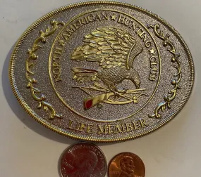 Vintage Belt Buckle, North American Hunting Club, Life Member, Chrome and Brass, Heavy Duty, Fashion, Collectible, Belt Decor, Table Decor